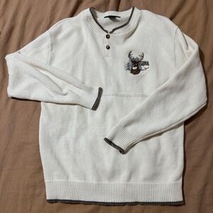 Vintage Croft & Barrow Mens Sweater Deer Embroidered Long Sleeve Button Neck M